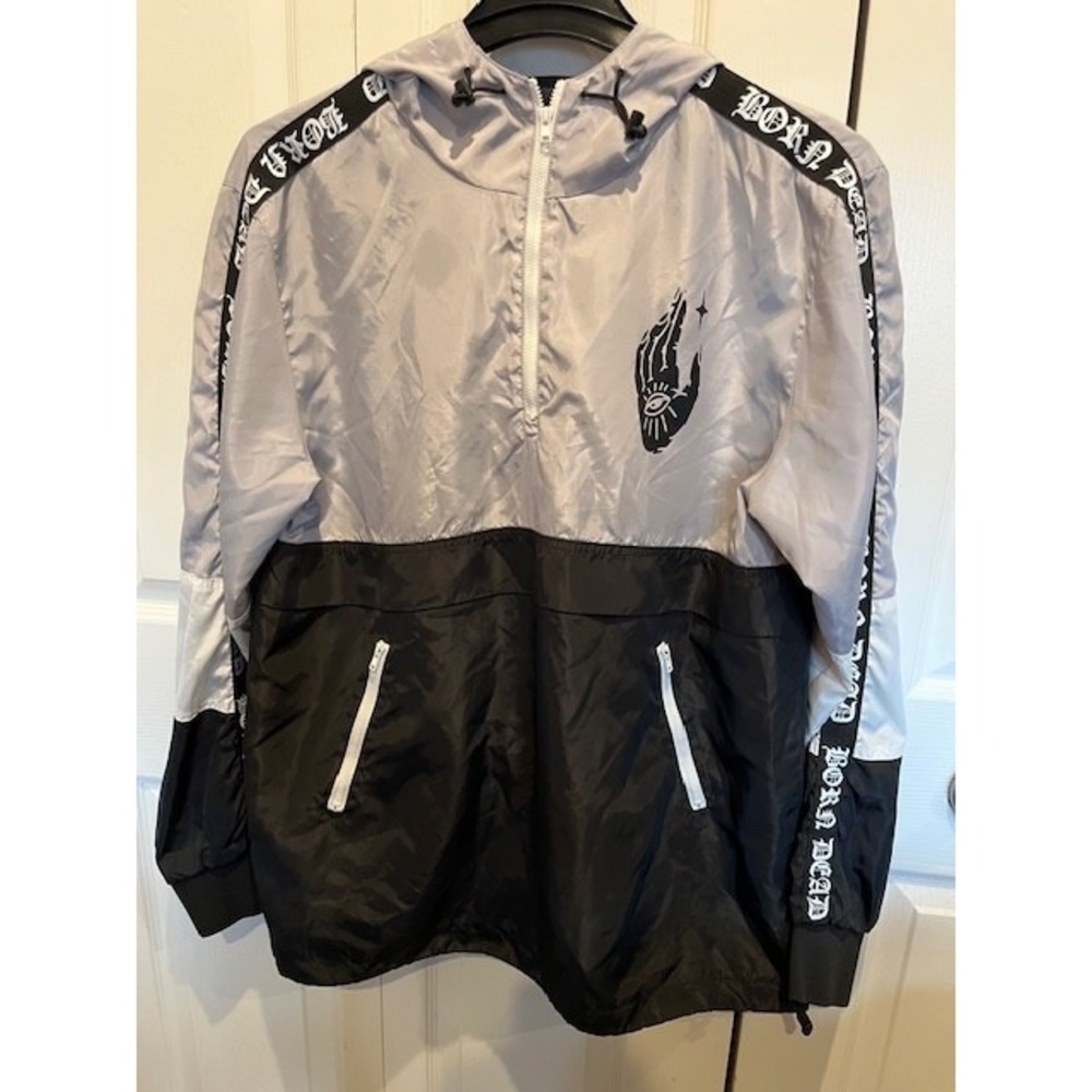 Mens Born Dead Black Grey Hooded Windbreaker Size LARGE PreOwned EXE Condition